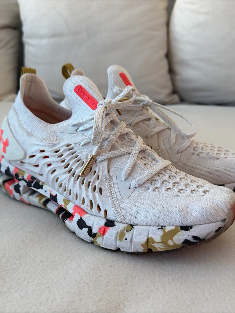 Under Armour Women’s White Knit Athletic Shoes with Multicolor Patterned Sole